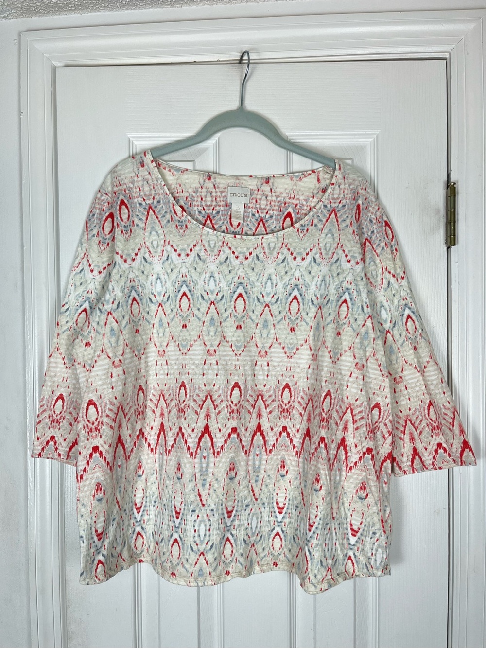 Chico’s 3/4 Sleeve Multicolor Printed Top Sz 3 / Women’s XL/16 100% Cotton